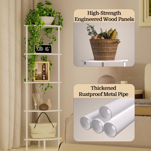 5-Tier Corner Shelf Stand, 52" Industrial Corner Display Rack for Living Room, Bookshelf, Tall Display Shelf, Plant Stand, Storage Standing Shelf for Bedroom, Bathroom, Kitchen, White - Image 5