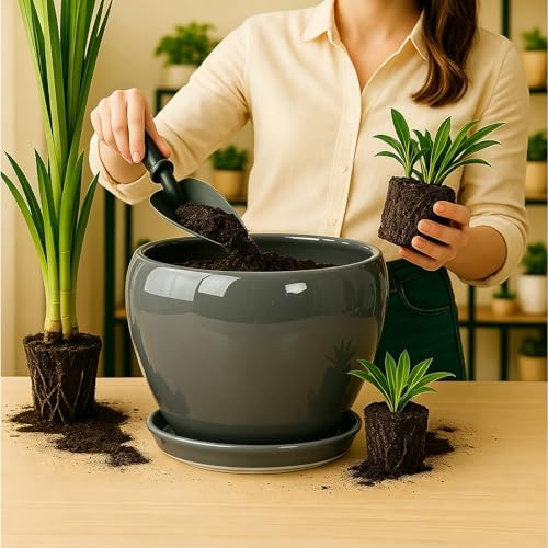 Deep Dream 10 Inch Plant Pot- Ceramic Planter Pot Round Plant Pots for Indoor Plants Outdoor Large Flower Pot with Drainage Holes & Trays, Grey - Image 4