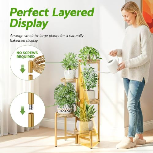 Gold Plant Stand Indoor Outdoor, Corner Metal Flower Pot Stands for Multiple Plants, 5 Tier Heavy Duty Plant Shelf for Patio Garden Balcony Living Room Bedroom - GoldWave - Image 6