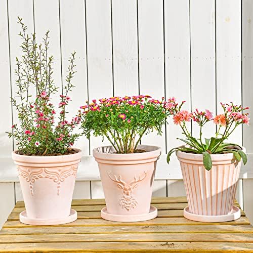 Sungmor Set of 3, 8 Inch Deer Embossed Terra Cotta Plant Pots - Image 4