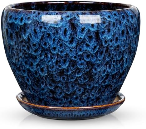 Hollyone 9inch Ceramic Planter Blue Ceramic Plant Pot for Plants Flowers with Drainage Hole and Saucers Ceramic Glaze Round Flower Plant Pot for Indoor Outdoor Large Round Succulent Orchid Flower Pot - Image 3