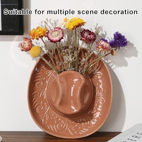 Hanging Wall Planters for Indoor Plants, Wall Vases for Flowers, Ceramic Cowboy Hat Vases for Decor, for Bathroom, Living Room, Office, and Home Decor. Brown - Image 4