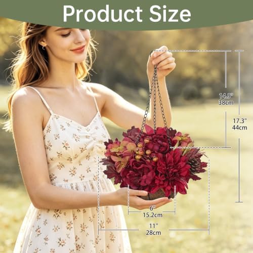 Hollyone 11" Fall Hanging Baskets Hydrangea Peonies Small Artificial Flowers Fall Hanging Decor Hydrangea Fake Flowers Faux Plants Red Orange Indoor Outdoor Porch Patio Garden Autumn Home Decorations - Image 2
