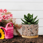 Red Brown Light Gray Leopard Planter Ceramic African Tribal Animal Print Round Plant Pot with Drainage Holes and Bamboo Tray Pot for Home Office Desk Garden - Image 5