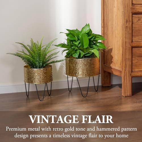 MyGift Modern Brass Metal Plant Containers with Matte Black Stands, 2 Pc - Image 2