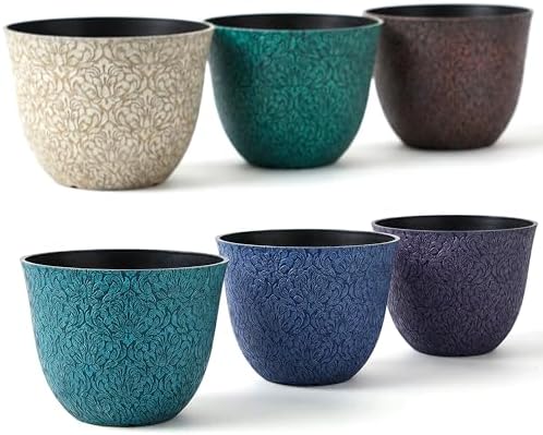 Worth Garden Plastic Round 8" Plant Pots for Indoor Plants - Set of 6 Multicolor Small Flower Pots W/Drainage Hole and Rubber Plug - Home Christmas Decorative planters Retro Floral Pattern by WORTH