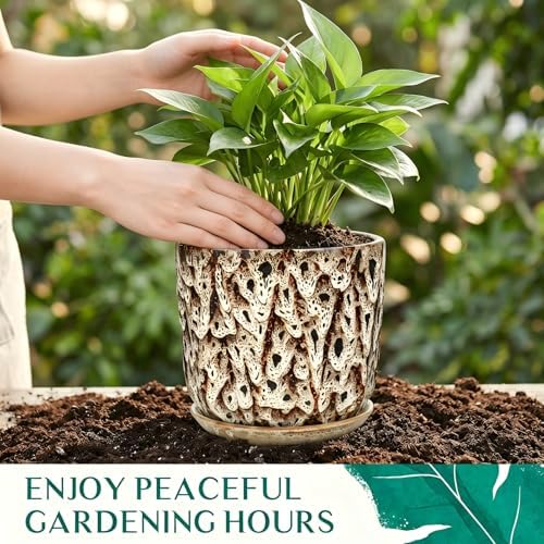 10 Inch Ceramic Plant Pot with Drainage Hole Mesh Net, Large Flower Pots for Indoor Plants with Saucer, Gardening Pots Outdoor - Image 5