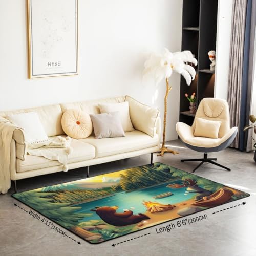 Erosebridal Bear Area Rug 6'6" x 4'11" Camper Living Room Rugs Moose Birds Woodland Bonfire Animals Decorative Carpet Eagle Lake Sunset Deer Boat Indoor Floor Mat - Image 2