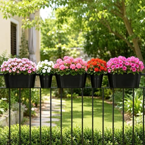 KINGLAKE Flower Pots,10 Pcs Metal Iron Hanging Flower Plant Pot Balcony Garden Plant Planter Baskets Fence Bucket Pots 10.6" & 5.1" Flower Holders with Detachable Hook Black - Image 6