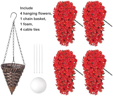 Artificial Fall Fake Red Hanging Flowers Plants Baskets for Outdoor Decoration, 4PCS Faux Silk UV Resistant Look Real Morning Glory Vines for Outside Porch Patio Balcony Garden Yard Home Decor - Image 5