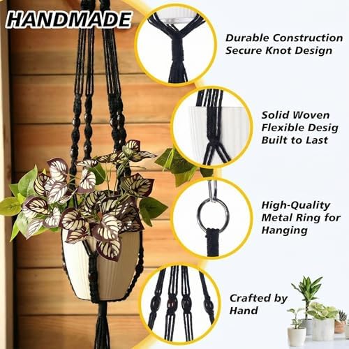 SATINIOR 12 Pcs Macrame Plant Hangers Handmade Boho Hanging Planters 12 Different Tiered Designs with 12 Hooks for Flower Pots Indoor Outdoor Decorative Wall Hanging Baskets for Home (Gothic,Black) - Image 3