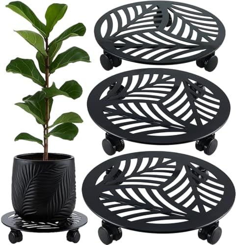 3 Packs Large Metal Plant Caddy with PU Wheels 12"/ 13"/ 13.6" Heavy-Duty Wrought Iron Rolling Plant Stands Indoor Outdoor Wheeled Plant Dolly Planter Mover Rollers Plant, Leaf Style by Planterhoma