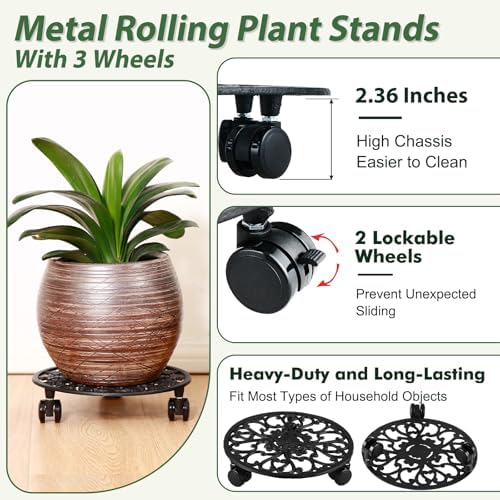 4 Pack 11 In Rolling Plant Stand with Wheels Metal Plant Caddy with Wheels - Image 3