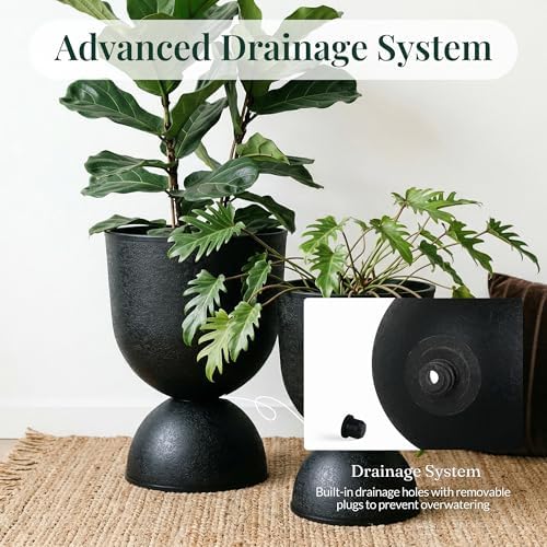 KOL Planters Flower Pots, Large Plastic Urn Planters for Indoor Outdoor Plants, Black Pedestal Planter 2 Pack, 18 Inch+23 Inch, Tall Decorative Planters with Drainage Holes & Plugs for Porch Garden - Image 6