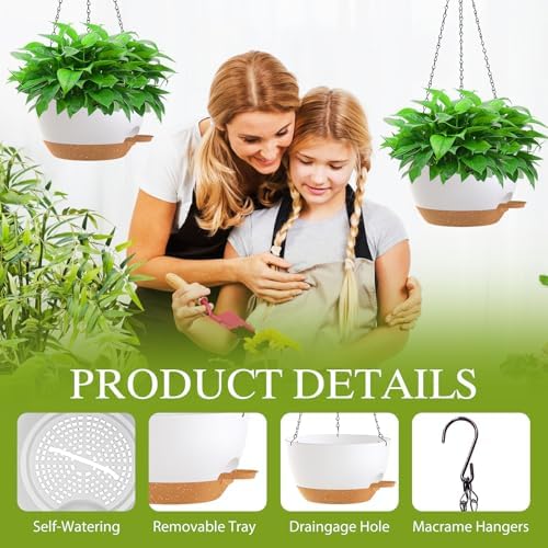 12 Inch Hanging Baskets 2 PC with Chains, Self-Watering Hanging Planters for Indoor Outdoor Plants, Plastic Hanging Flower Pots,White Brown - Image 3