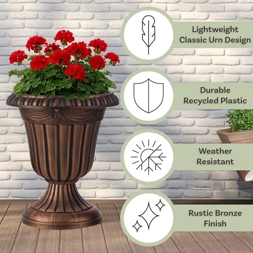 Outdoor Planter 2-Pack - 16x18-Inch Urn Planters for Front Porch Decor, Indoors, Patio or Entryway - Plastic Plant Pots - Large Decorative Flower Pots by Pure Garden (Rustic Bronze) - Image 2
