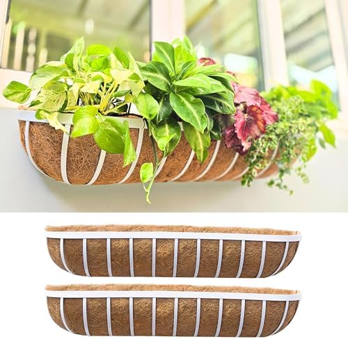 LaLaGreen Outdoor Planter Boxes (36 Inch, 2 Pack) White Metal Deck Railings Flower Box with Coco Liner, Rectangular Wall Planters for Window Plants Horse Troughs Fence Balcony Modern Herb Patio Porch by L%C3%A1L%C3%A1Green