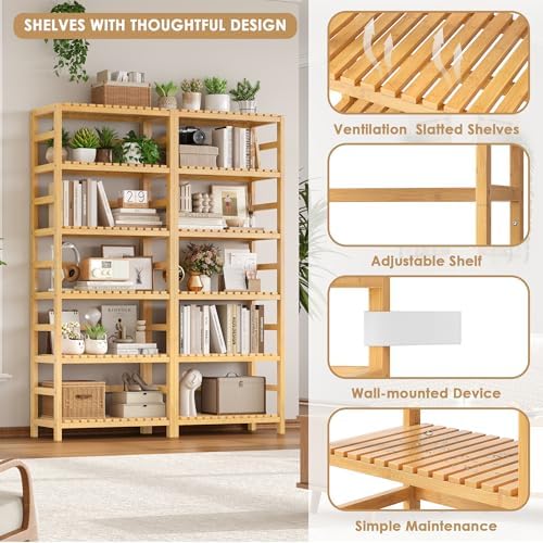 FOTOSOK 6-Tier Bamboo Shelf, 2 Pcs Bamboo Bookshelf with Adjustable Shelves - Image 5