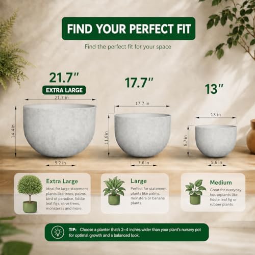 Large Resin Planter Pot for Trees Big Flower – Lightweight Round Plant Pot with Stone-Textured Finish, Weather-Resistant Decorative Outdoor & Indoor ((3 Sizes Combo: 13" + 17.7" + 21.7")) - Image 2