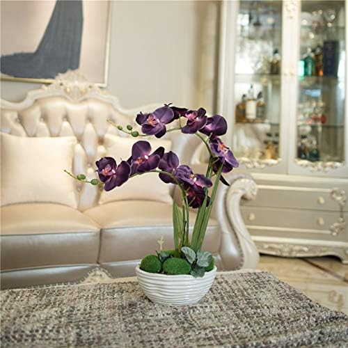 Large Silk Potted Orchid Arrangement in Oval Ribbed Ceramic Pot Dark Purple - Image 4