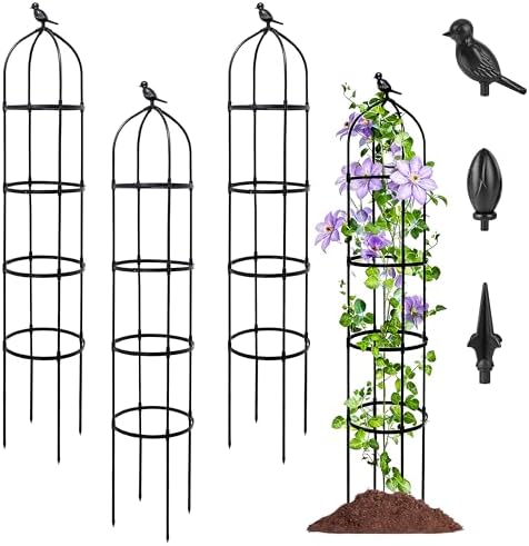 4-Pack 6FT Garden Obelisk Trellis for Climbing Plants,Adjustable 4-Tier Metal Plant Support,Rustproof Outdoor Plant Tower with 3 Decorative Tops for Roses,Tomatoes,Clematis & Vines,Black by TCBWFY