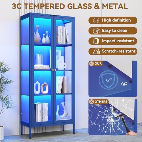 Polup 66" Blue Glass Display Cabinet with 8-Color LED for Collectibles - Image 5
