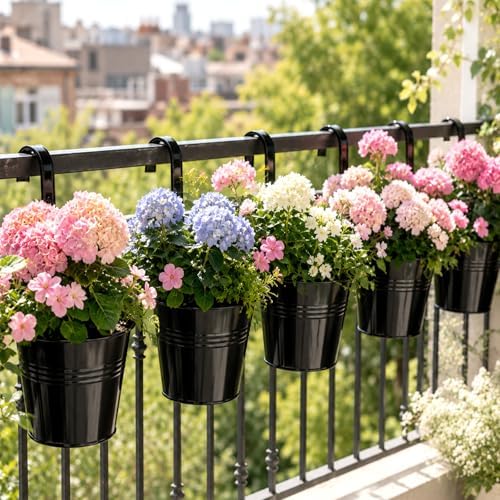 KINGLAKE Flower Pots,10 Pcs Metal Iron Hanging Flower Plant Pot Balcony Garden Plant Planter Baskets Fence Bucket Pots 10.6" & 5.1" Flower Holders with Detachable Hook Black - Image 5