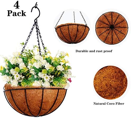 Hanging Planters Basket Outdoor Indoor(14 inch 4 Pack)-Coconut Coir Hanging Baskets for Plants Outdoor,Metal Wire Baskets with Coco Liner Window Box Planters, Hanging Flower Pots for Railings - Image 2