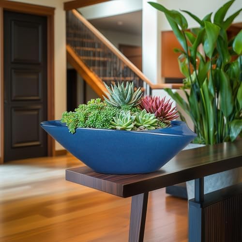 Bonsai Pot - 18 Inch Ceramic Planter for Indoor Outdoor Plants Bonsai Tree Pot Modern Large Succulent Planter Decorative Plant Pot with Drainage Hole Blue - Image 5