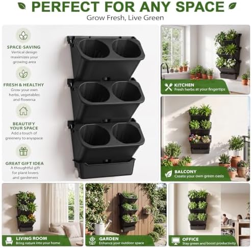 Briwooody 3 Set 6 Pocket Vertical Stackable Wall Planters Kit Outdoor Self Watering Plastic Planter Grow Hang Mount System for Strawberry Flower Vegetable Home Fence Balcony Wall Decor - Image 4