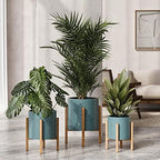EverNest Mid-Century Modern Rhys Honeycomb Embossed Planter Pot with Kinsley Wood Stand, Metal Indoor Plant Pots, Blue Green Bohemian Style (Set of 3) - Image 3