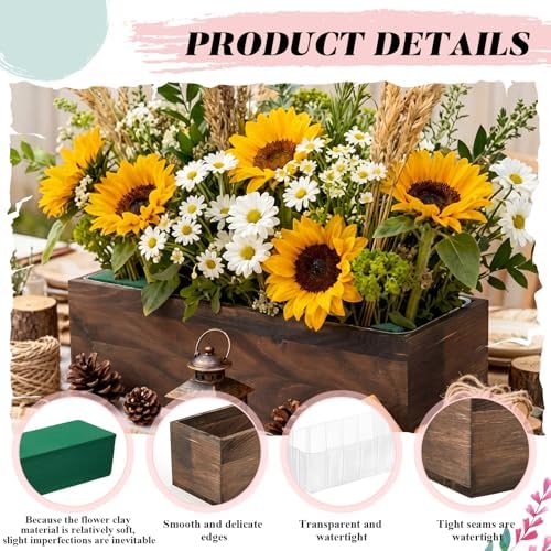 Dandat 4 Set Wood Boxes for Centerpieces 16x4 Inch Rectangle Wooden Planter Box Rustic Wooden Planters with Removable Plastic Liner Floral Foam Blocks for Christmas Wedding Home Garden Decor(Brown) - Image 3
