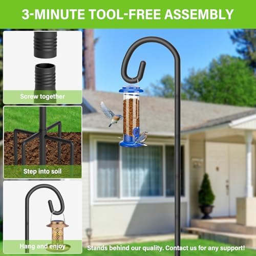 Shepherds Hook for Bird Feeder, 92" Heavy Duty Bird Feeder Pole with 5-Prong Base, Extra Thick Metal Shepherd Hook for Outdoor Hanging Plant Basket, Hummingbird Feeder, Solar Lantern, Black, 1 Pack - Image 7