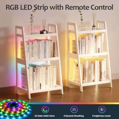 WTZ 3 Tier White Bamboo Bookshelf with RGB LED Lights, Ladder Style Small Bookcase with Remote Control, 16 Colors, 4 Lighting Modes & Adjustable Brightness for Bedroom, Bathroom, Living Room - Image 4