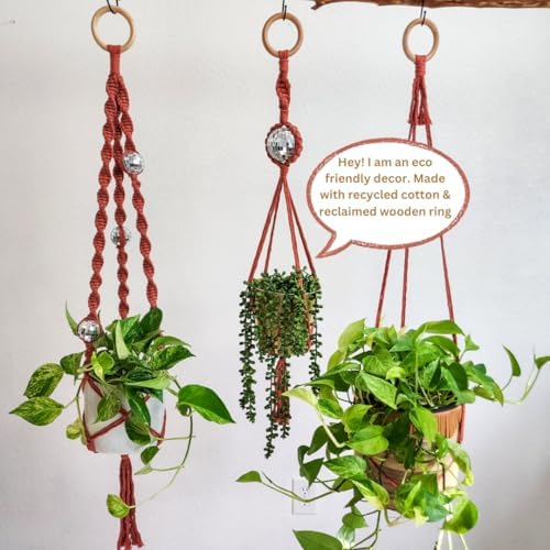 Set of 3 Macrame Plant Hanger | Disco ball decor Hanging planters for indoor plants Cool gifts for plant lovers Boho plant pots plant stand indoor Hanging planters for outdoor plants (Cafe Latte) - Image 4