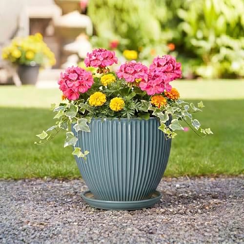 10 Inch Plant Pot, Ceramic Flower Pots with Saucer, Glaze Blue - Image 5