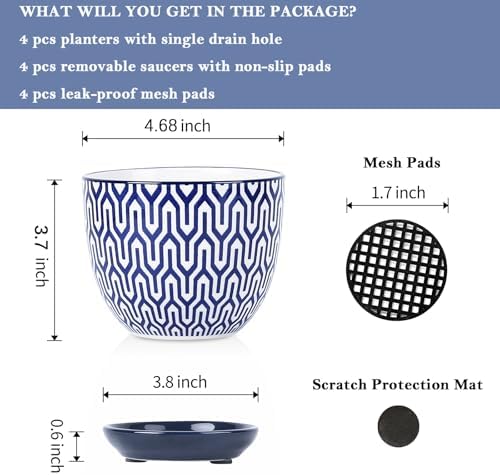 Selamica Ceramic Plant Pots, 4.6 Inch Flower Pots for Indoor Plants, Succulent Pots with Drainage Hole & Saucer, Succulent Planters for Succulent Cactus, Home Decor, Set of 4, Vintage Blue - Image 3