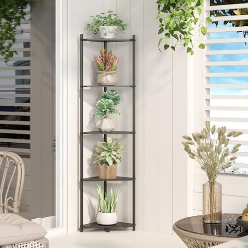 Wisuce Black Tall Corner Shelf Stand, 5-Tier Bamboo Corner Bookshelf - Image 6