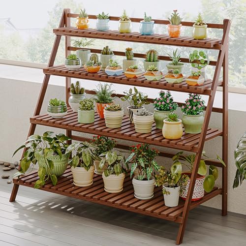 HUHJYUGE Bamboo Plant Stand Flower Pots Holder Display Shelf, Ladder Shelf Plants Organizer Rack for Patio Balcony Garden Home, Bookcase Planter Storage Shelving (2 Tiers 52cm) - Image 2