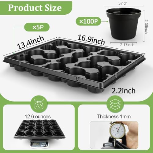 RooTrimmer 3 Inch Plastic Plant Pots 100 Pcs with 5 Pcs 20 Cell Seed Starter Trays, Thick Black Small Nursery Pots and Propagation Shuttle Trays for Seed Starting, Plant Propagation Starter Kit 5 Sets - Image 5
