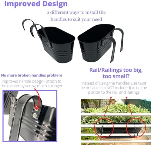 LaLaGreen Outdoor Plants Rail Planter (11.2 Inch, 8 Pack) Black Metal Iron Hanging Flower Pots Deck Railings Fence Buckets Modern Garden Boho Style Wall Mount Window Box Plant Holder Hooks Porch Decor - Image 4