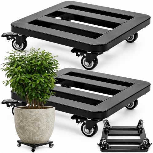 2 Pack Plant Caddy with Lockable Wheels, 12 Inch Heavy Duty Rolling Plant Stand, 380 Lbs Metal Square Flower Cart, Rust-Proof Black Planter Dolly for Flower Pot, Heavy Objects, Indoor Outdoor by YIMITEE