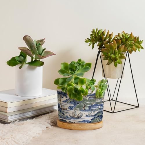 Asian Ceramic Planter Blue and Green Chinoiserie Planters for Indoor Plants with Drainage Holes and Saucers Pot for Outdoor Garden Home Plant - Image 4