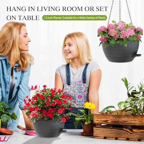 12 Inch Hanging Baskets 2 PC with Chains, Self-Watering Hanging Planters for Indoor Outdoor Plants, Plastic Hanging Flower Pots, Black with Green Speckles - Image 6