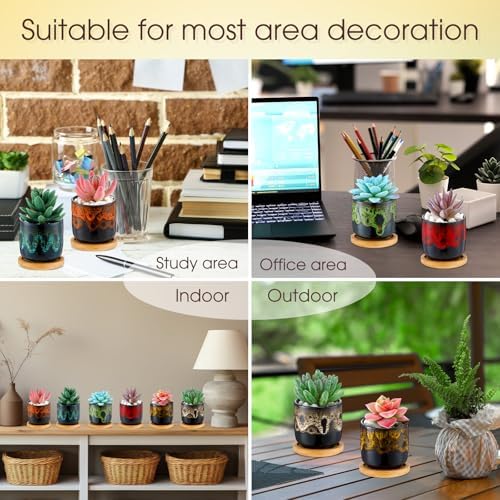 12 Pcs Succulent Pots 2.5 Inch Mini Ceramic Succulent Garden Flower Pots Planters with Drainage and Bamboo Tray for Indoor Garden Plants Planters Colorful Flower Pot(Cylindrical,2.3 Inch H) - Image 5