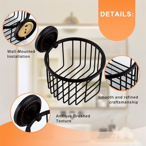 Vintage Wall-Mounted Toilet Paper Holder with Wire Basket Design, Oil-Rubbed Bronze, Wall-Mounted Bath Hand Towel Holder with Braiding Carvings, Vintage Style. - Image 4