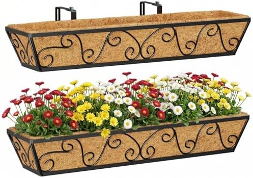 Y&M 30 Inch Window Deck with Coco Liner, Fence Metal Hanging Flower Planter Window Basket Deck Railing Planter Boxes for Outdoor Garden Lawn-Butterfly, 2pcs by YM