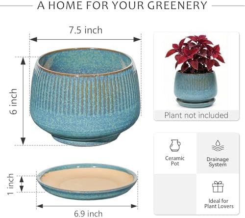 7.5 Inch Ceramic Planter with Saucer,Modern Garden Pots with Drainage Hole Mesh Net, for Indoor Outdoor Use (Crackle Blue) - Image 6