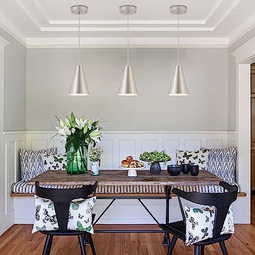 Brushed Nickel Pendant Lights Kitchen Island,Dining Room Light Fixtures Over Table 3 Pack with Silver Cone Metal Shade, Modern Farmhouse Small Chandeliers,Adjustable Cord Hanging Lighting for Sink - Image 3