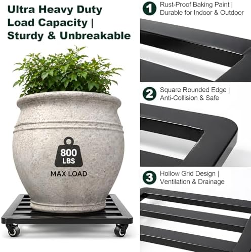 20IN Plant Caddy with Wheels Heavy Duty ,Rounded-Square Metal Rolling Plant Stand Lockable Casters, Rust-Proof Plant Dolly Indoor Outdoor Use for Large Planters - Image 4